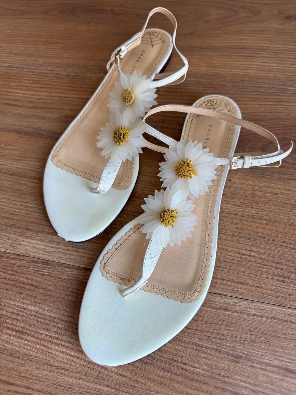 Charlotte Olympia White Floral T-Strap Leather Sandals
